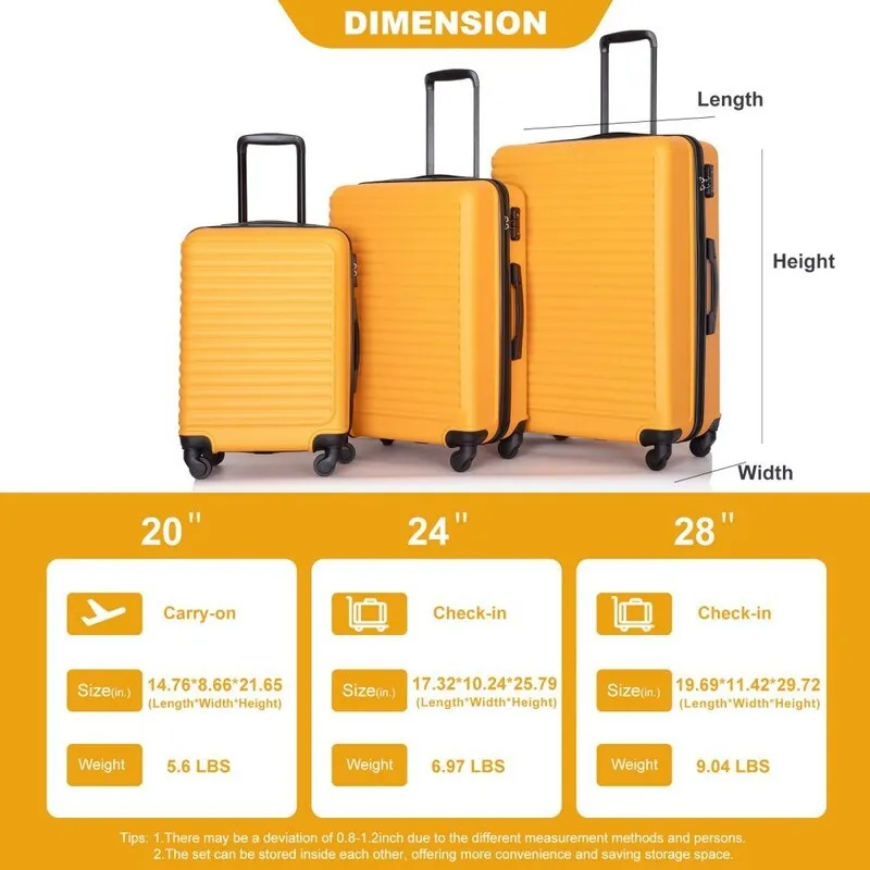 3 Piece ABS Lightweight Suitcase Luggage Sets with Two Hooks,TSA Lock