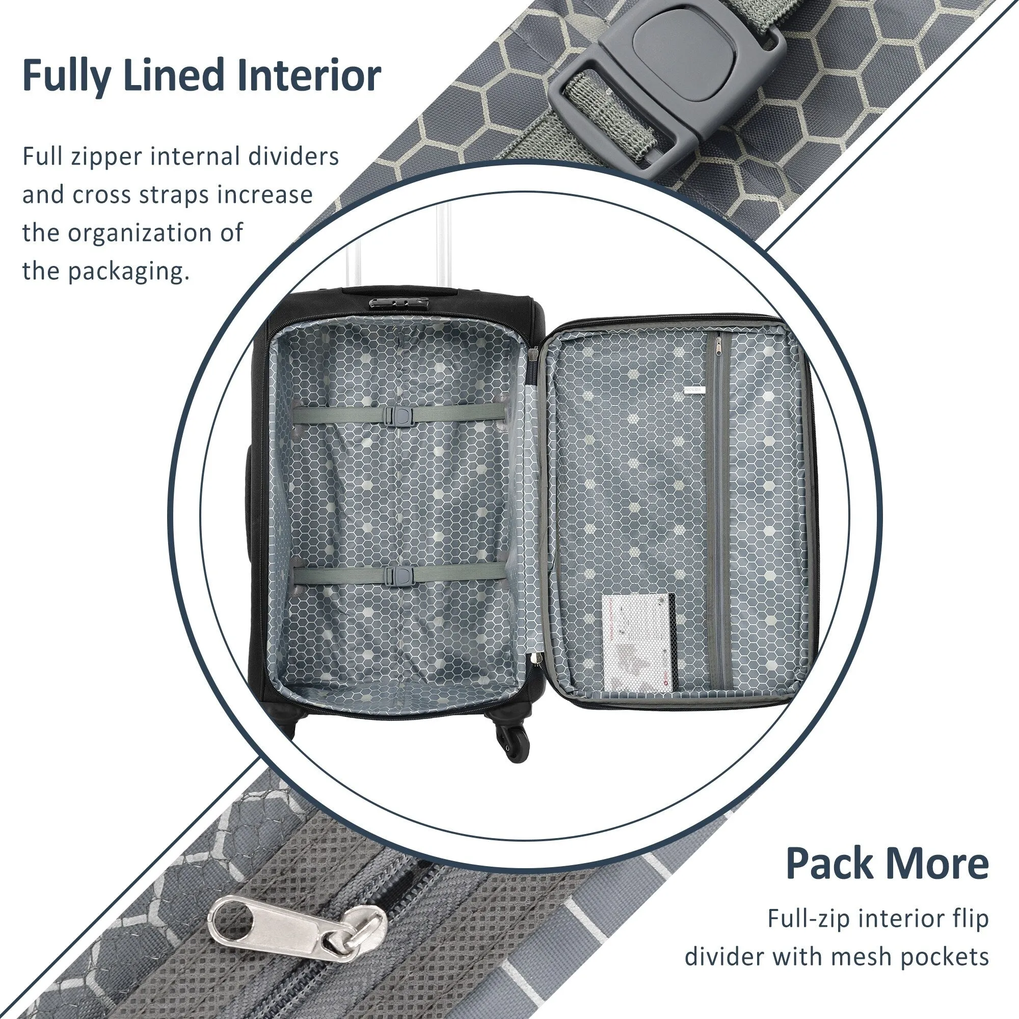 3 Piece Softside Luggage Set with TSA Lock and Spinner Wheels, Expandable Suitcase with Multi-Compartment