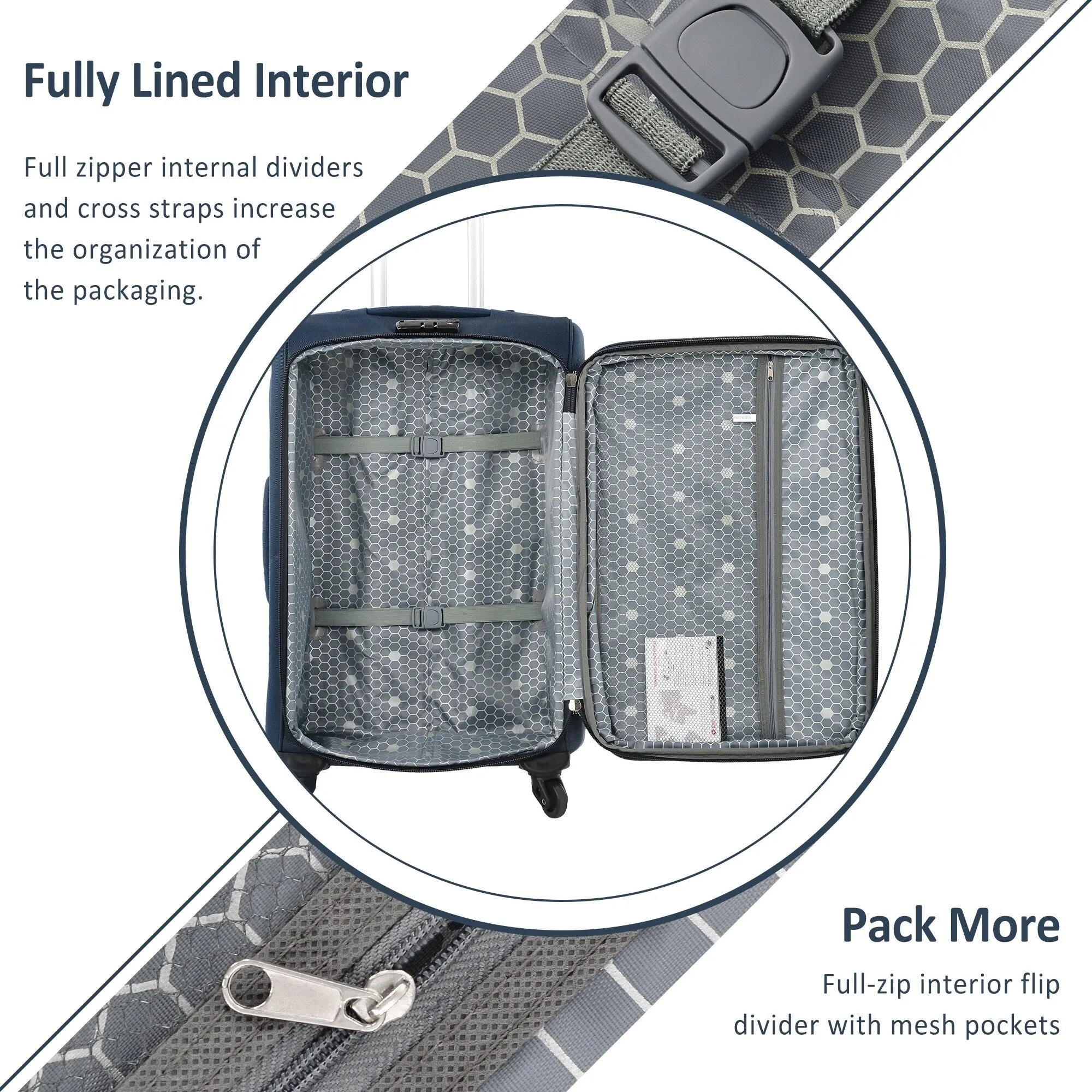 3 Piece Softside Luggage Set with TSA Lock and Spinner Wheels, Expandable Suitcase with Multi-Compartment