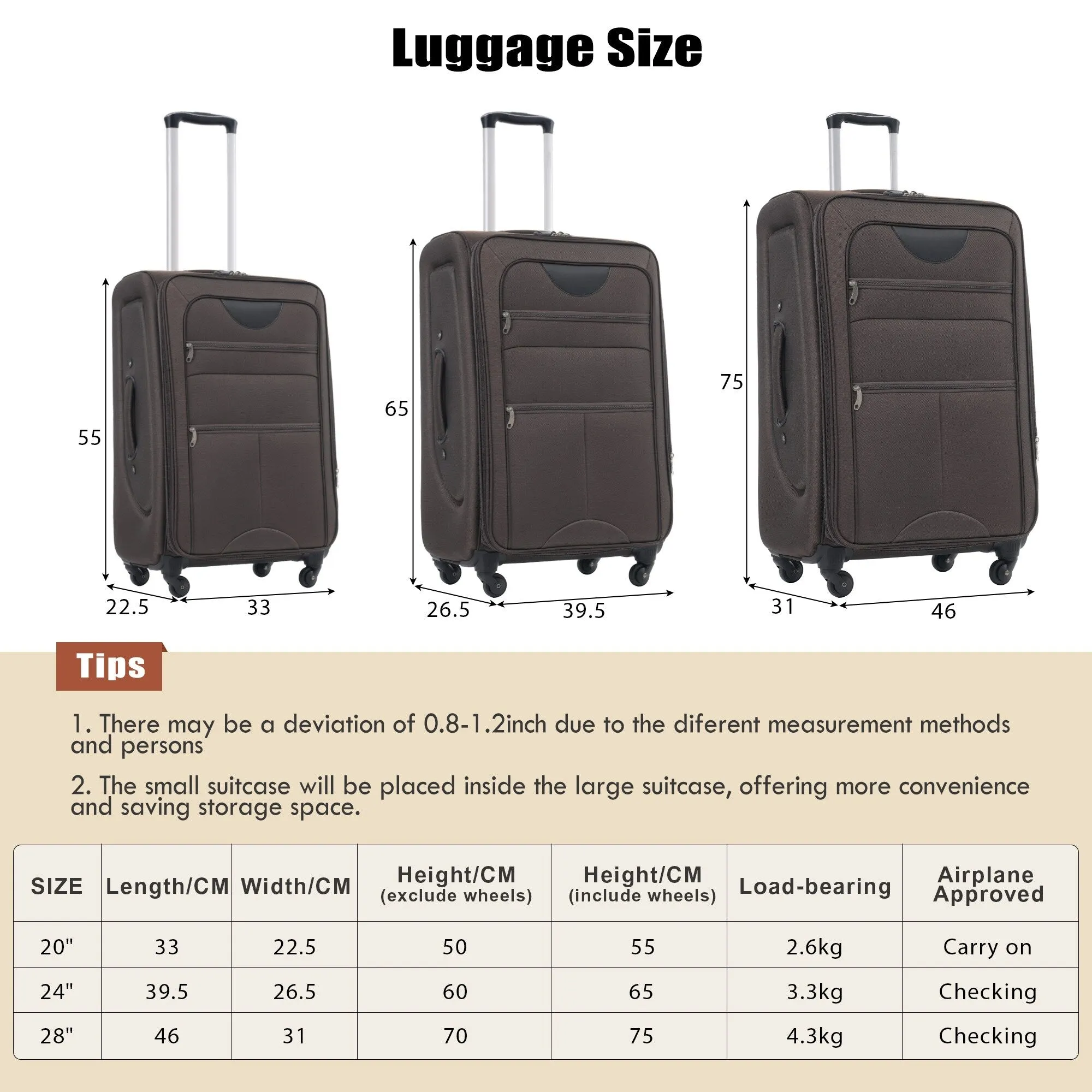 3 Piece Softside Luggage Set with TSA Lock and Spinner Wheels, Expandable Suitcase with Multi-Compartment