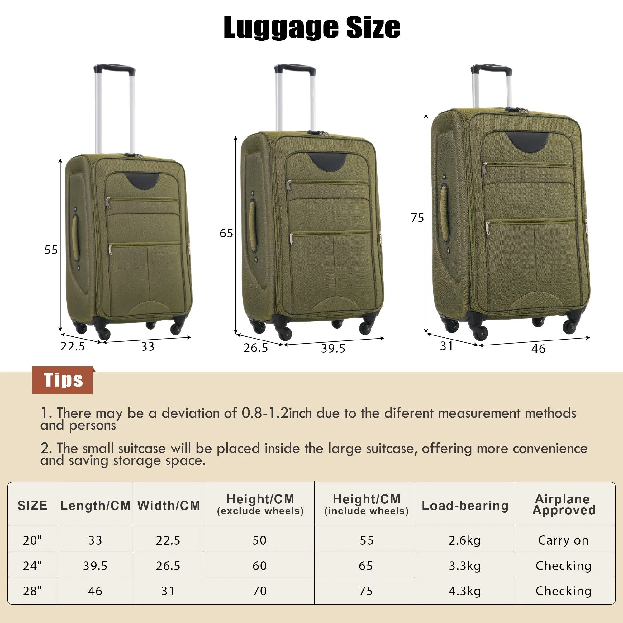 3 Piece Softside Luggage Set with TSA Lock and Spinner Wheels, Expandable Suitcase with Multi-Compartment