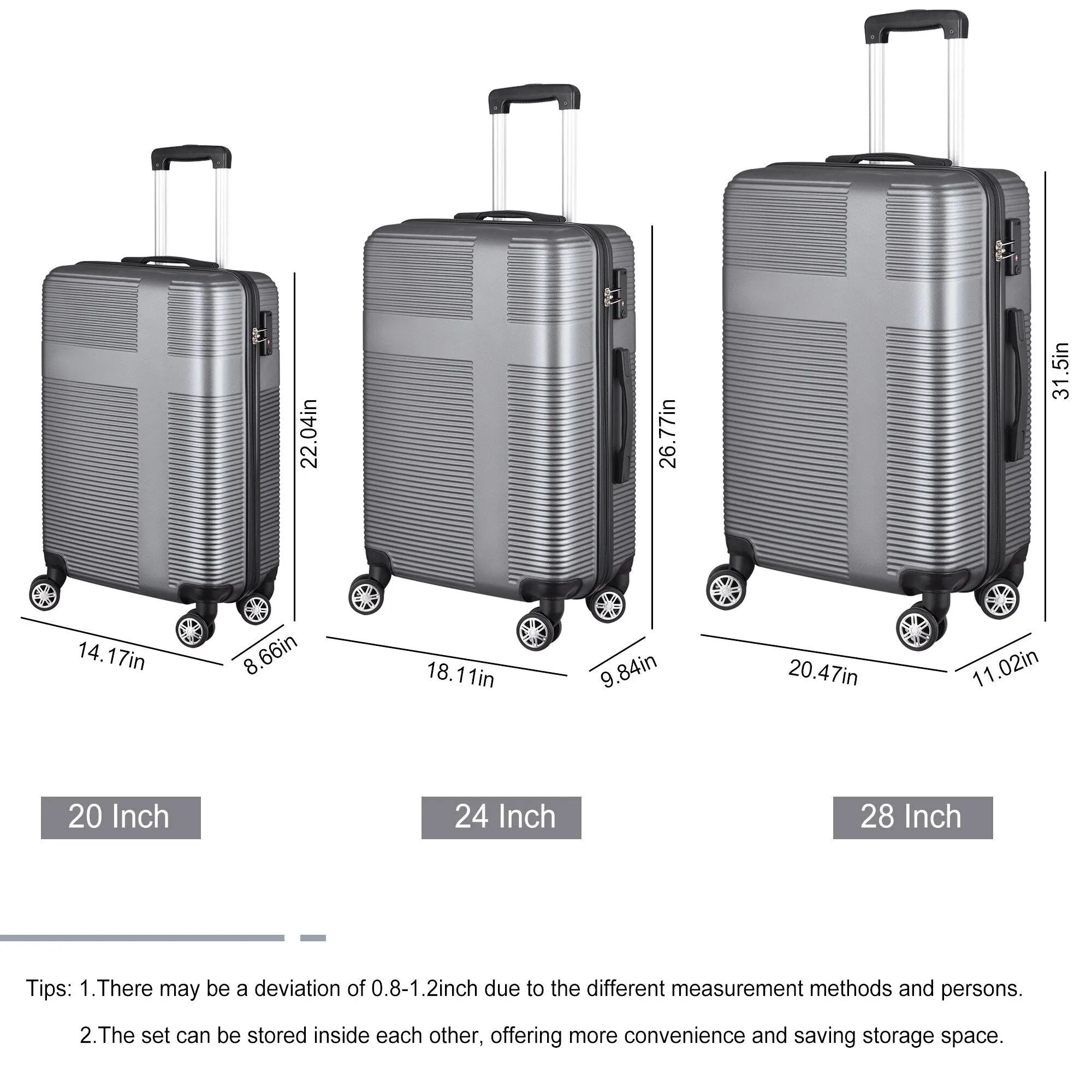 Luggage Sets Expandable ABS Suitcase Double Wheels TSA Lock, 3-Piece