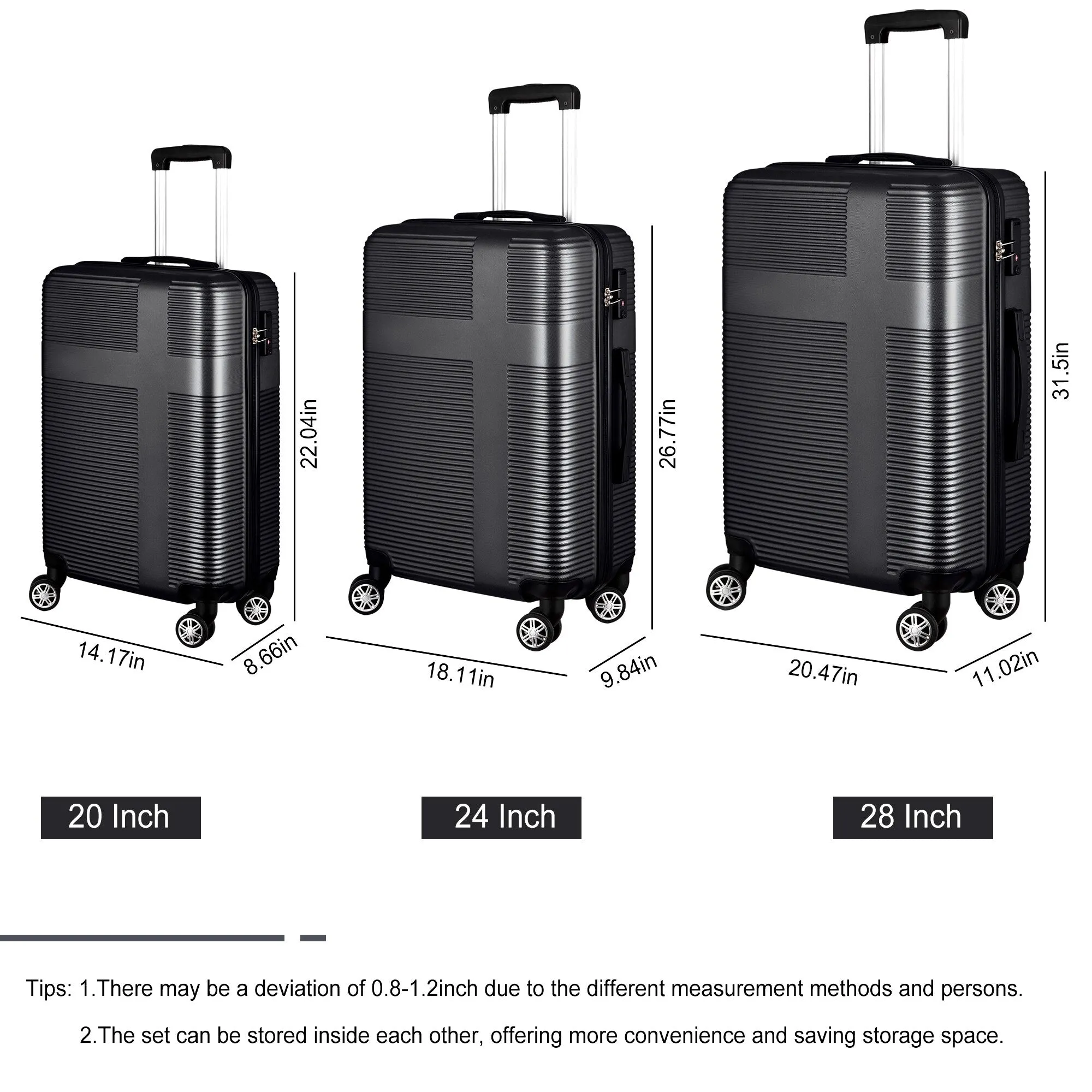 Luggage Sets Expandable ABS Suitcase Double Wheels TSA Lock, 3-Piece