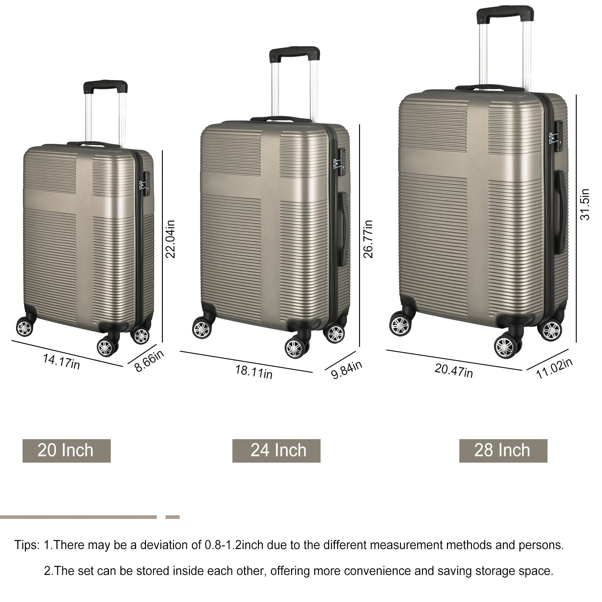 Luggage Sets Expandable ABS Suitcase Double Wheels TSA Lock, 3-Piece