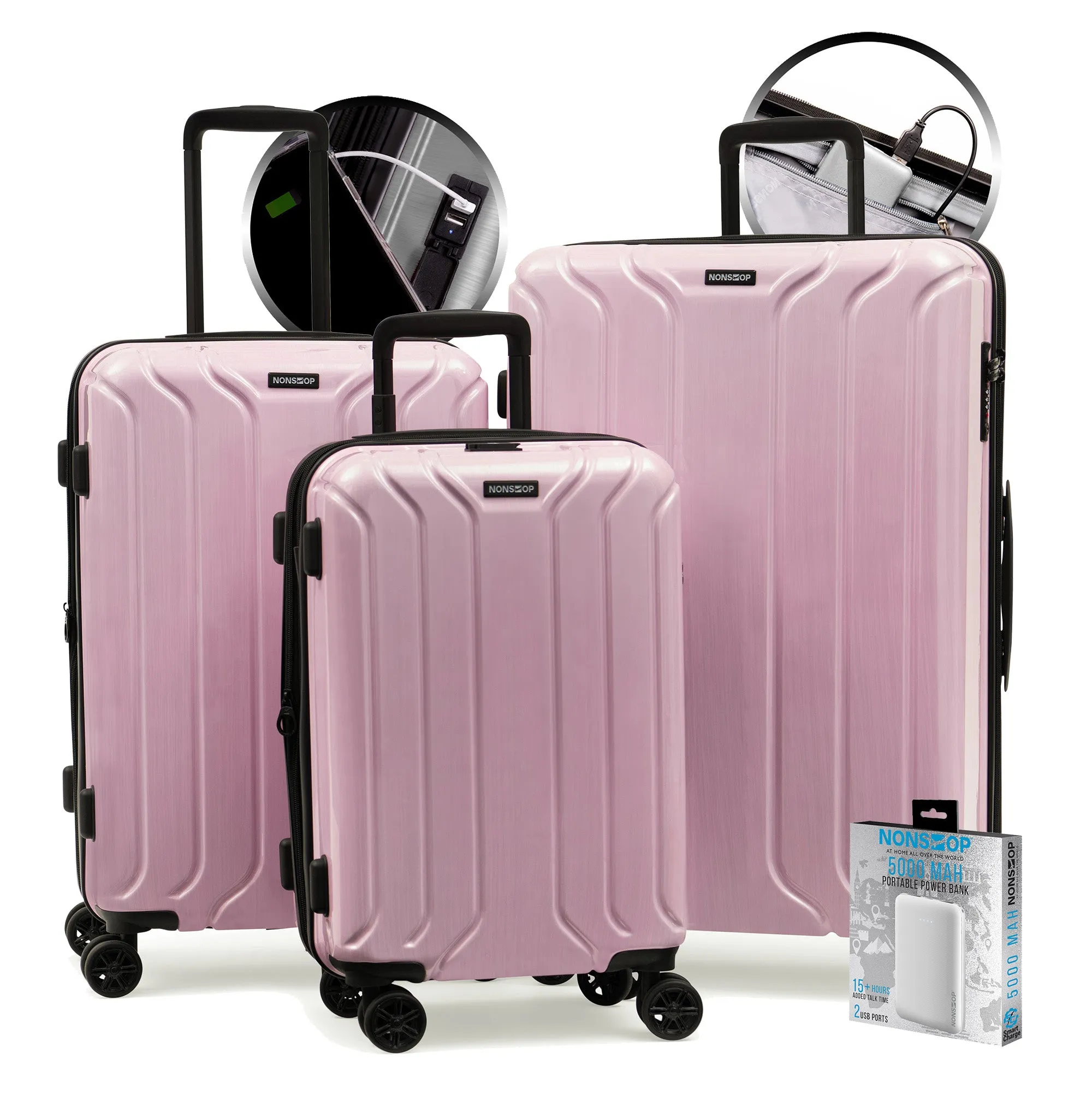 NONSTOP New York Elite 3-Piece Expandable Spinner Luggage Set with Powerbank & 3-Piece Packing Cube Set